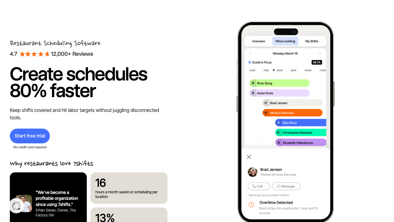 7shifts mobile app showing a restaurant day schedule with an overtime detected warning