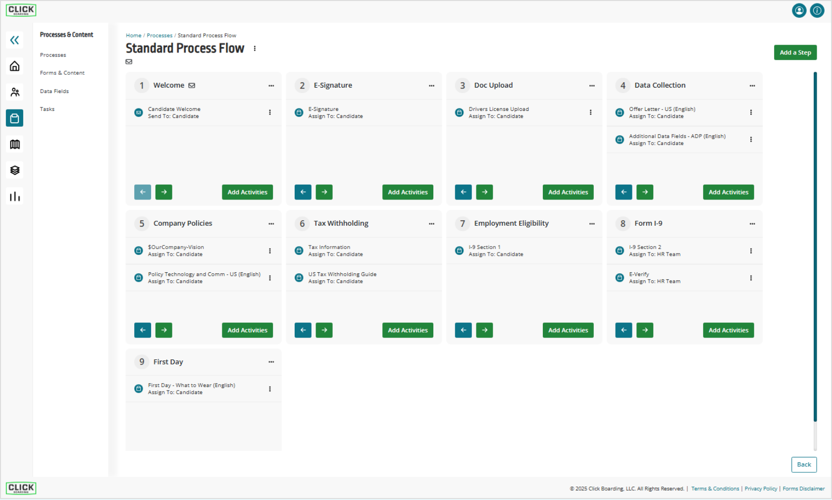 Click Boarding process flow with steps assigned to the candidate and I-9 Section 2 and E-Verify assigned to HR.