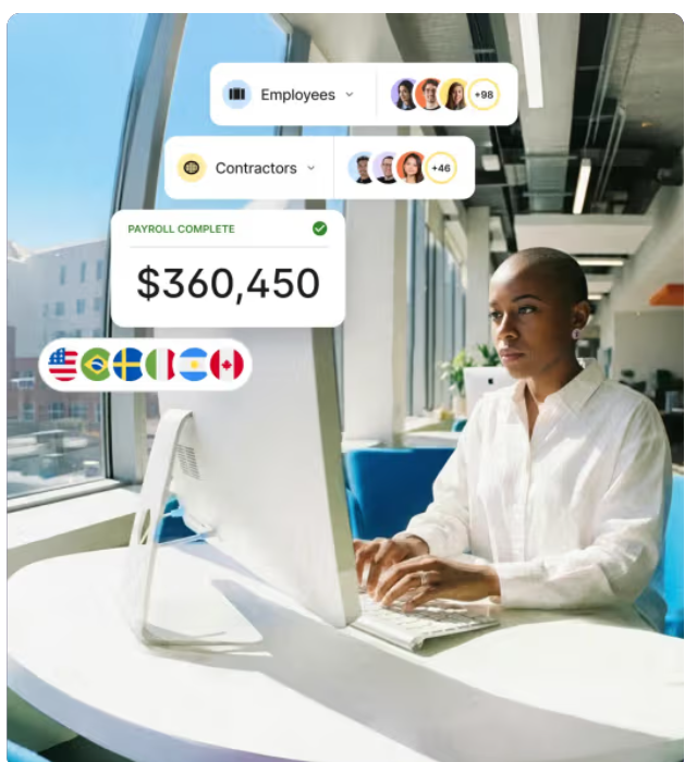 Deel Payroll summary showing a completed payroll of $360,450 for employees and contractors in several countries