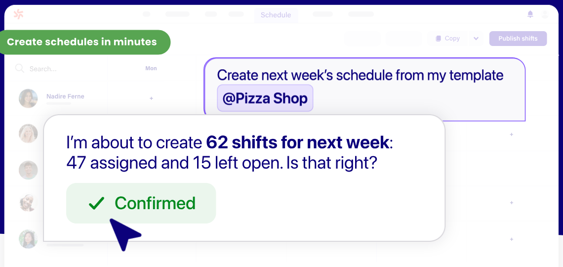 Deputy's schedule builder with an AI prompt proposing 62 shifts for next week, 47 assigned and 15 open