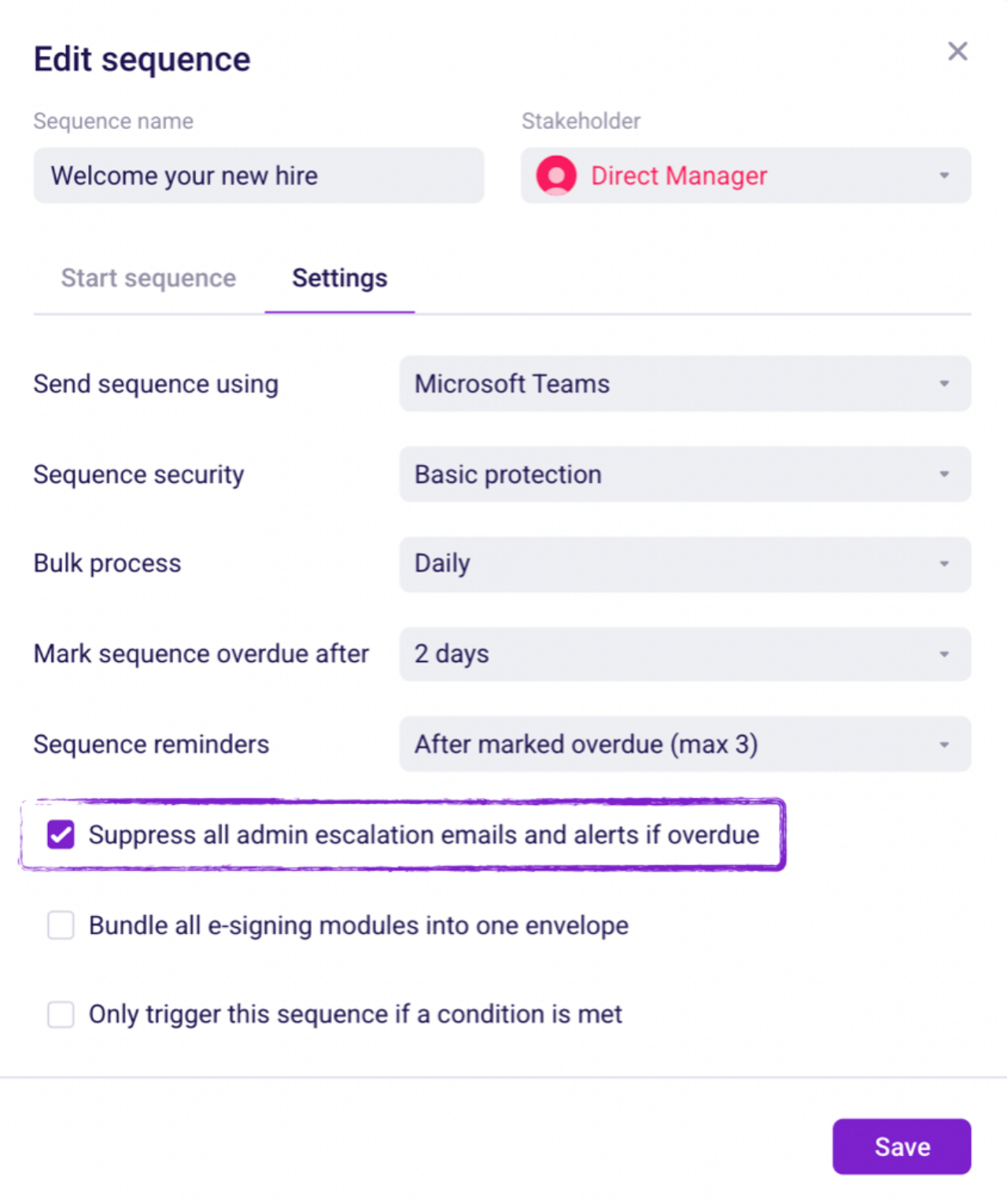 Enboarder sequence settings sending a direct manager task via Microsoft Teams, overdue after 2 days.