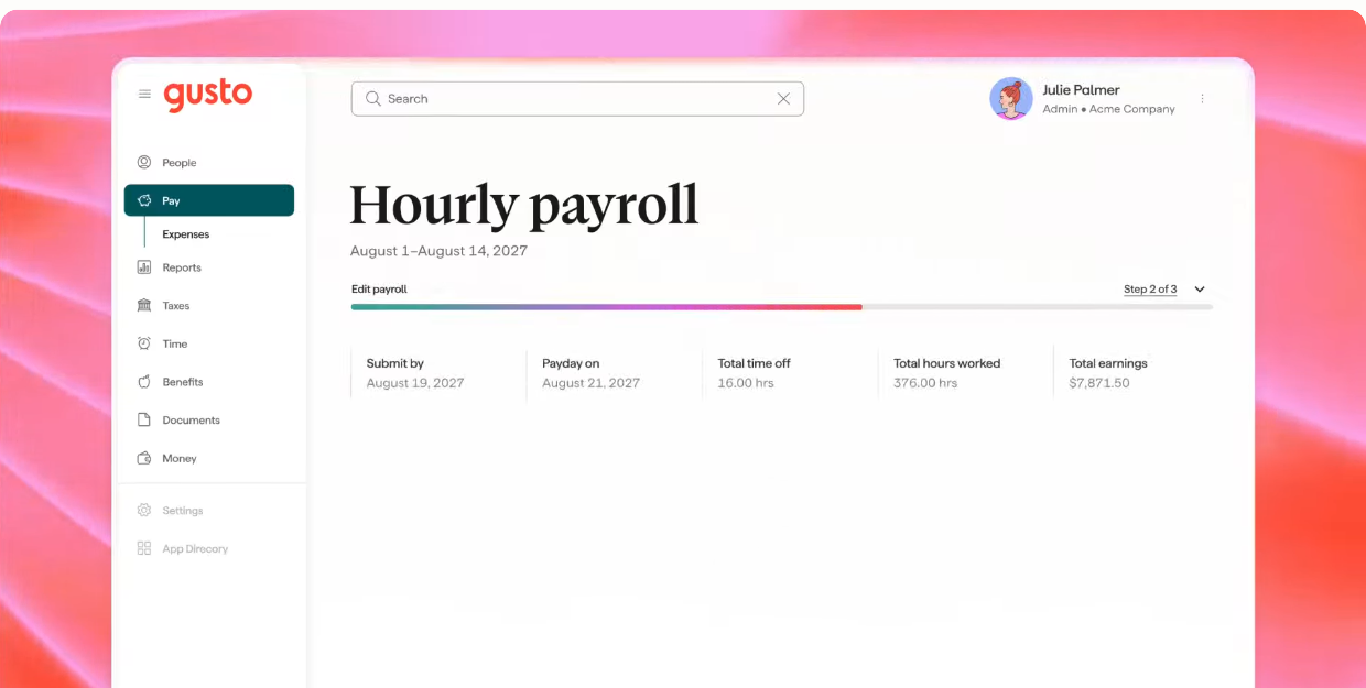 Gusto hourly payroll screen with pay period dates, submit-by date and payday
