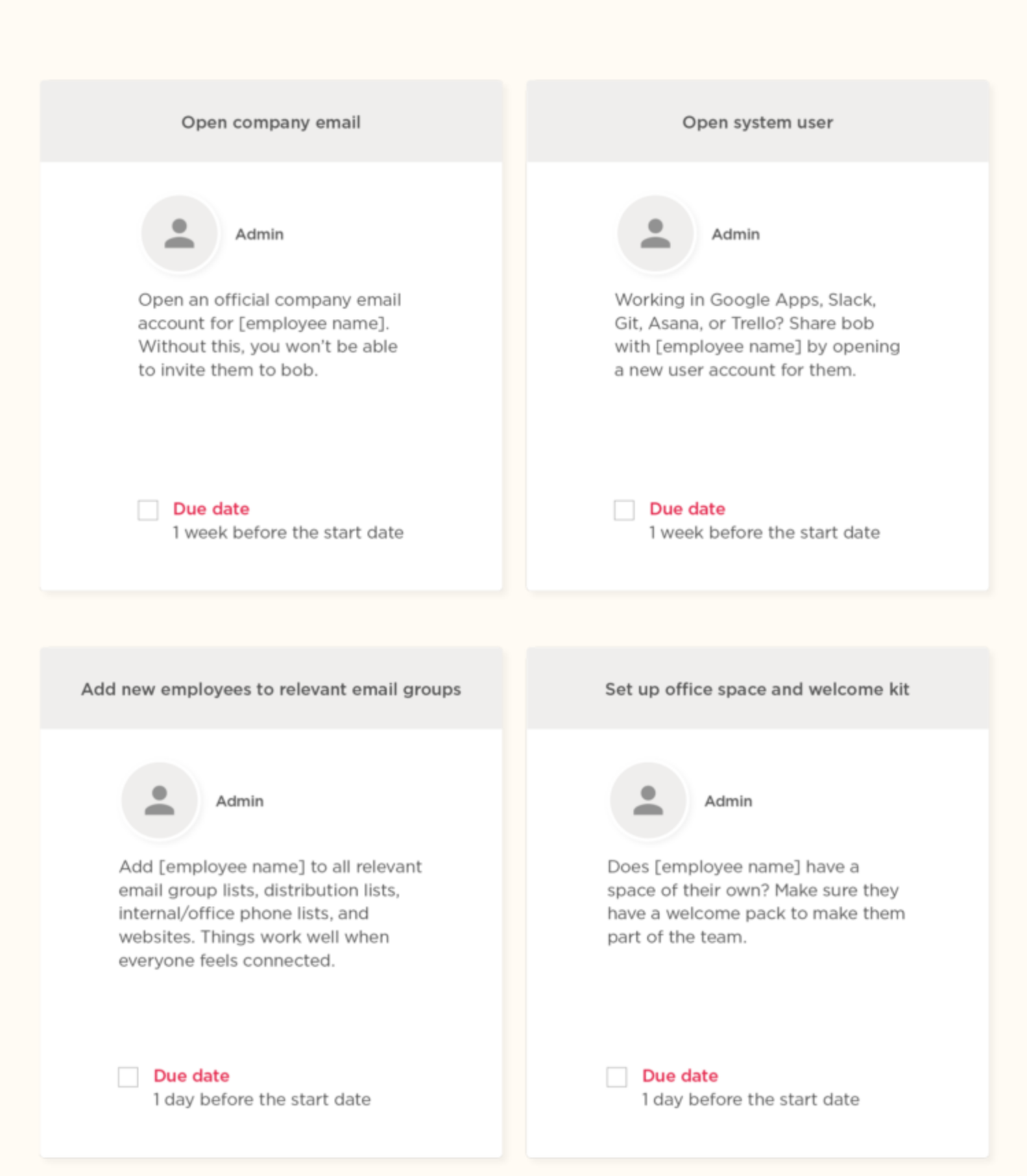 HiBob onboarding task cards assigned to an admin, due a week or a day before the start date.
