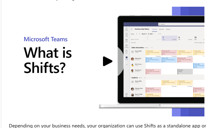 Microsoft Teams Shifts schedule on a laptop with color-coded shifts by employee