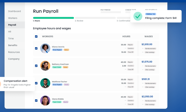 OnPay Run Payroll screen listing workers with hours and wages and a filing complete notice for Form 941