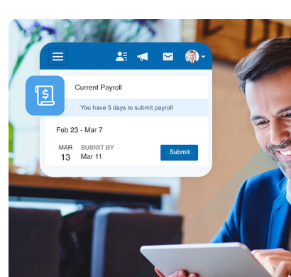 Paychex Flex mobile card showing the current payroll period with a submit button