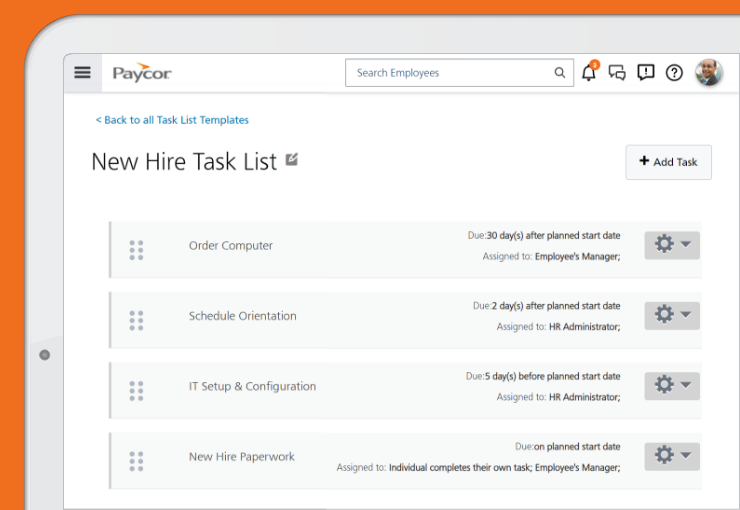 Paycor new hire task list with owners and due dates set relative to the planned start date.