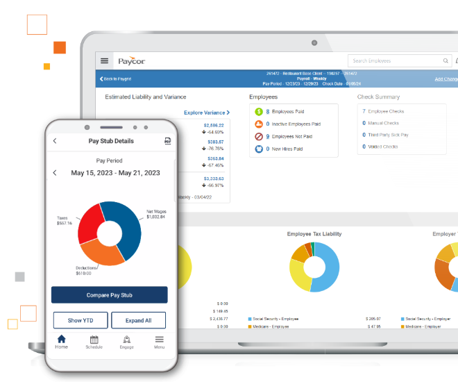 Paycor payroll dashboard on a laptop next to a mobile pay stub with a pie chart
