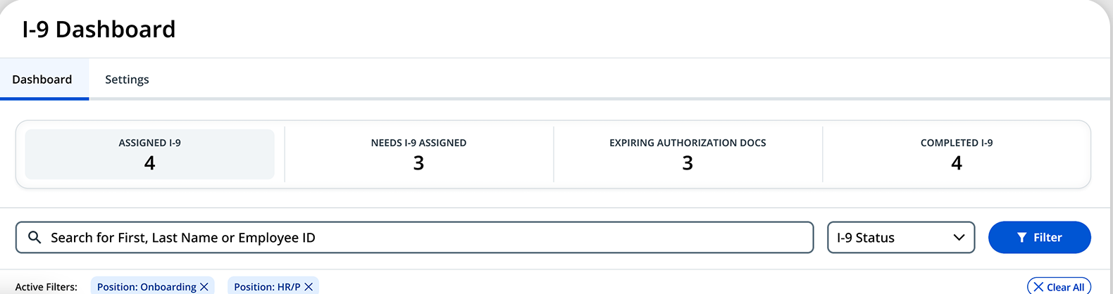 Paylocity I-9 dashboard counting assigned, unassigned, expiring and completed I-9 forms for onboarding hires.