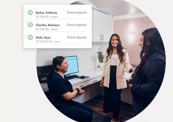 QuickBooks list of three employees with direct deposit marked for each