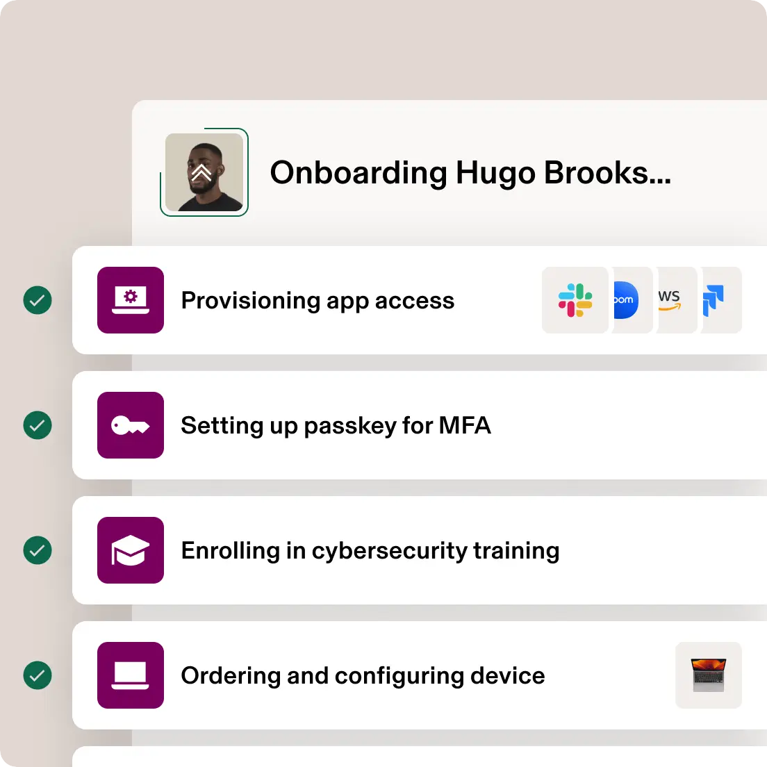 Rippling onboarding checklist with app access, MFA passkey, security training and laptop setup marked done.