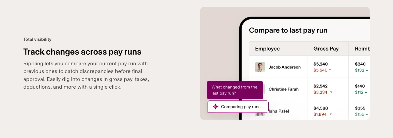 Rippling Compare to last pay run table showing gross pay per employee