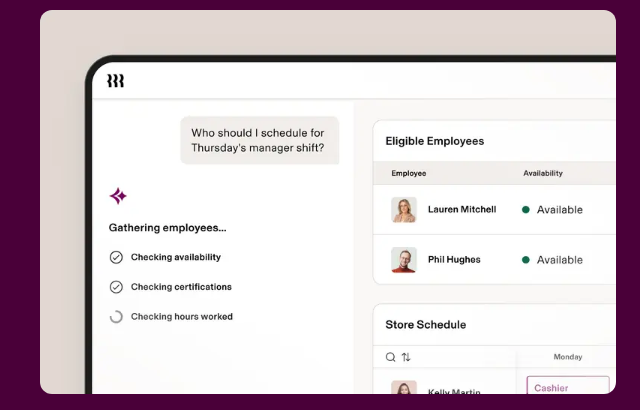 Rippling scheduling assistant listing eligible employees and their availability for a Thursday shift