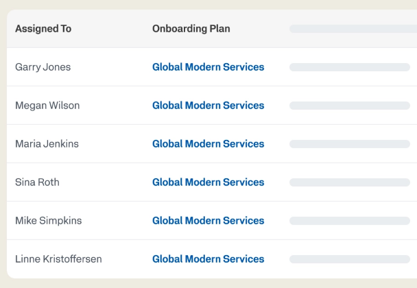 Workday table listing new hires and the onboarding plan assigned to each of them.